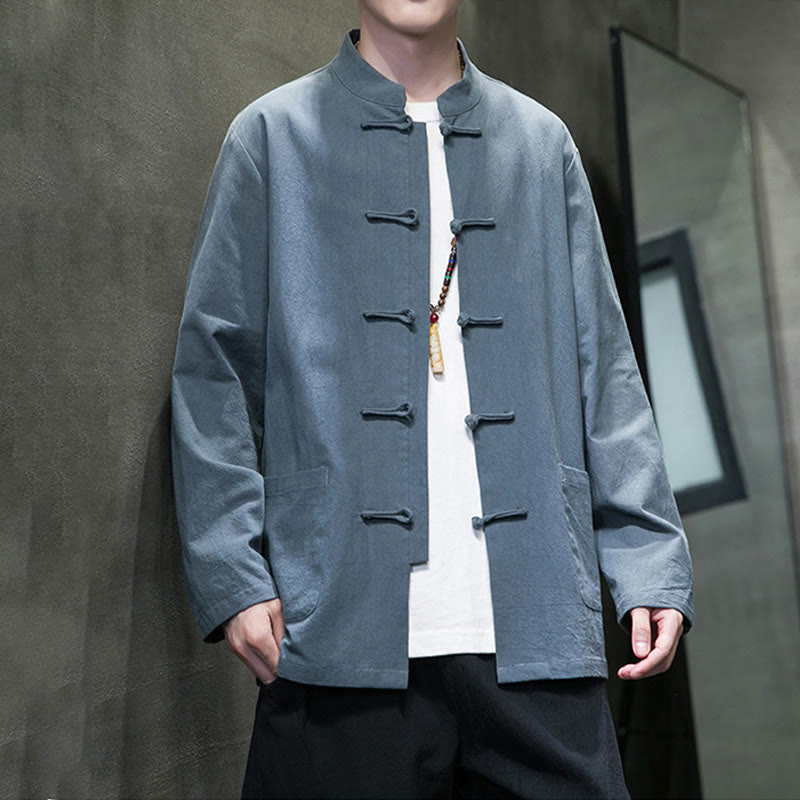 Traje Tang de algodón y lino con botones de rana de color liso y Buddha Stones para hombre, chaqueta y camisa con bolsillos - image 4