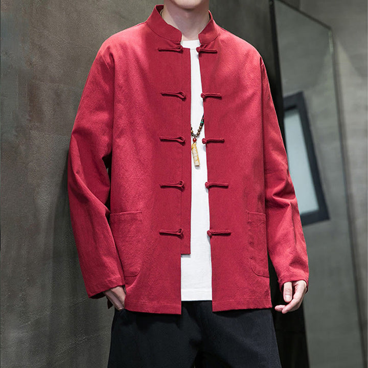 Traje Tang de algodón y lino con botones de rana de color liso y Buddha Stones para hombre, chaqueta y camisa con bolsillos - image 36