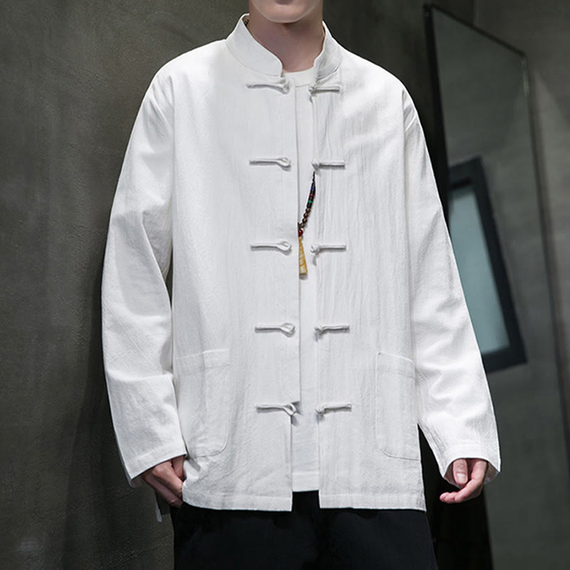 Traje Tang de algodón y lino con botones de rana de color liso y Buddha Stones para hombre, chaqueta y camisa con bolsillos - image 42