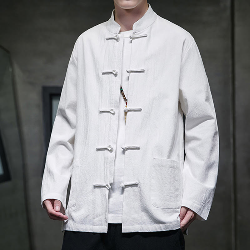 Traje Tang de algodón y lino con botones de rana de color liso y Buddha Stones para hombre, chaqueta y camisa con bolsillos - image 41