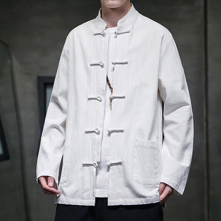 Traje Tang de algodón y lino con botones de rana de color liso y Buddha Stones para hombre, chaqueta y camisa con bolsillos - image 41