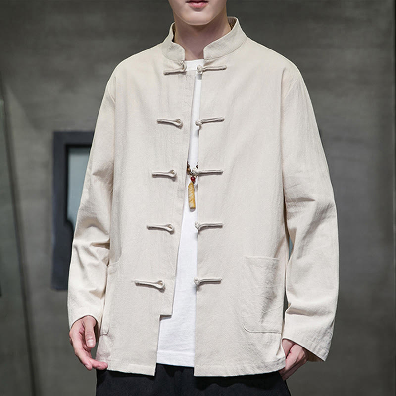 Traje Tang de algodón y lino con botones de rana de color liso y Buddha Stones para hombre, chaqueta y camisa con bolsillos - image 14