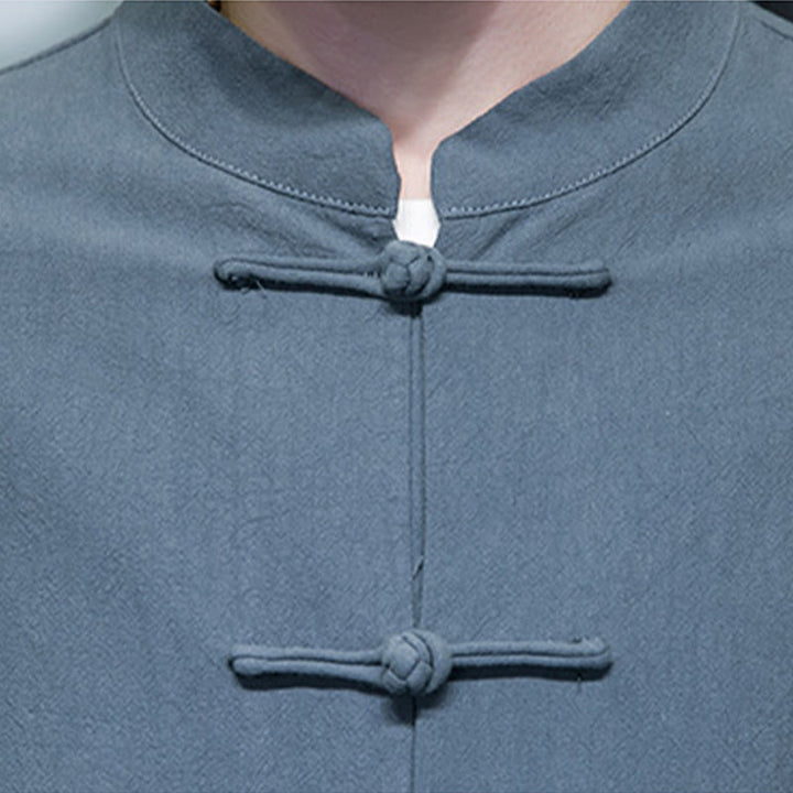 Traje Tang de algodón y lino con botones de rana de color liso y Buddha Stones para hombre, chaqueta y camisa con bolsillos - image 8