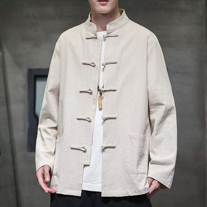 Traje Tang de algodón y lino con botones de rana de color liso y Buddha Stones para hombre, chaqueta y camisa con bolsillos - image 14