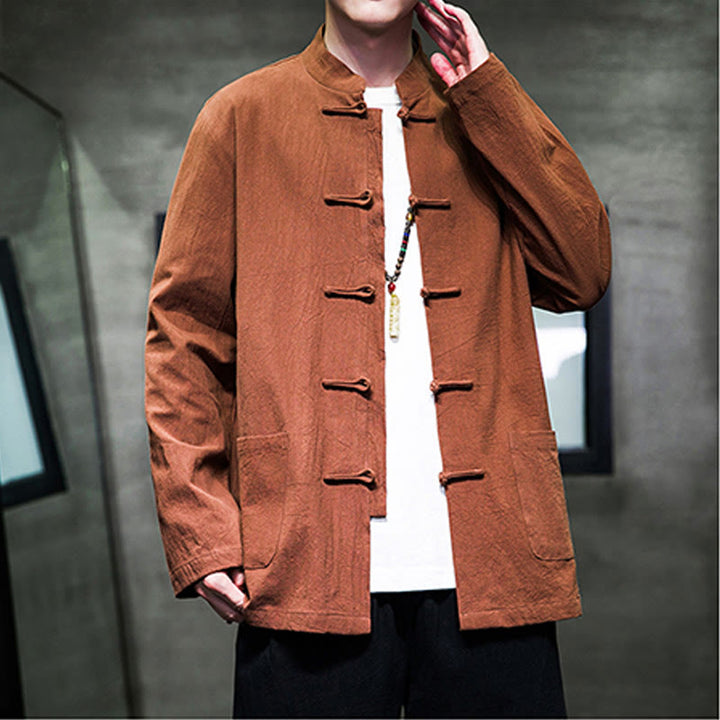 Traje Tang de algodón y lino con botones de rana de color liso y Buddha Stones para hombre, chaqueta y camisa con bolsillos - image 22