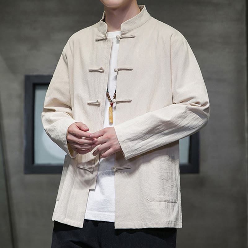 Traje Tang de algodón y lino con botones de rana de color liso y Buddha Stones para hombre, chaqueta y camisa con bolsillos - image 12