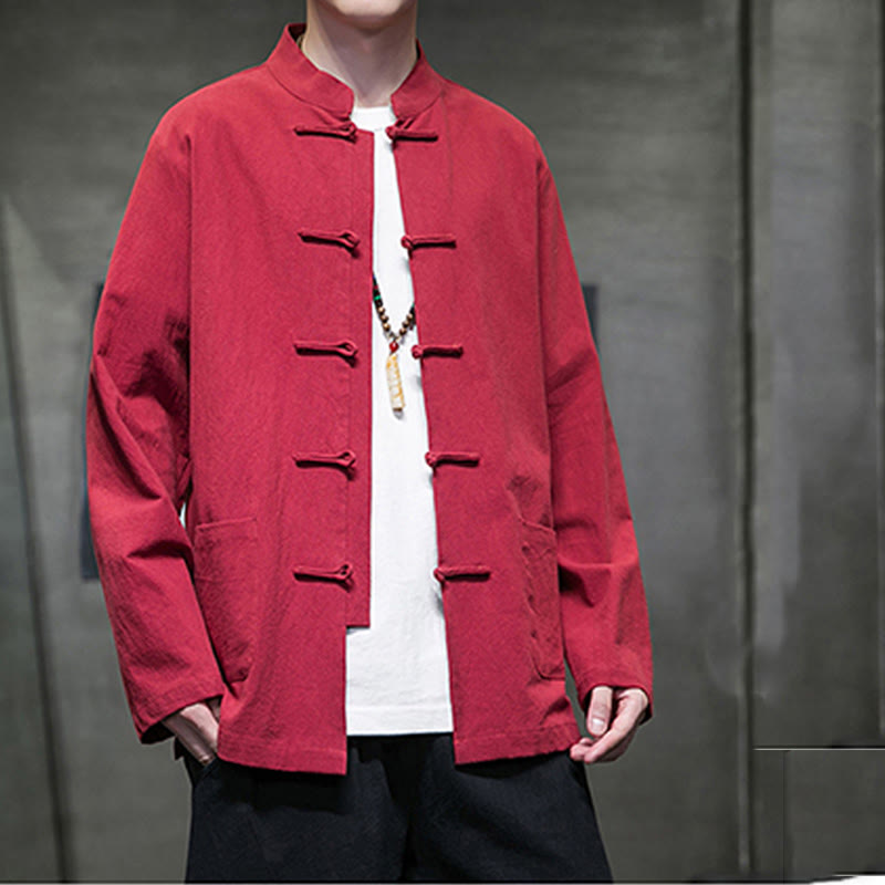 Traje Tang de algodón y lino con botones de rana de color liso y Buddha Stones para hombre, chaqueta y camisa con bolsillos - image 34