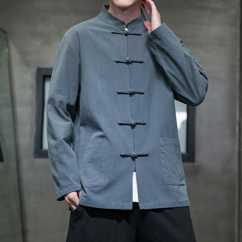 Traje Tang de algodón y lino con botones de rana de color liso y Buddha Stones para hombre, chaqueta y camisa con bolsillos - image 6