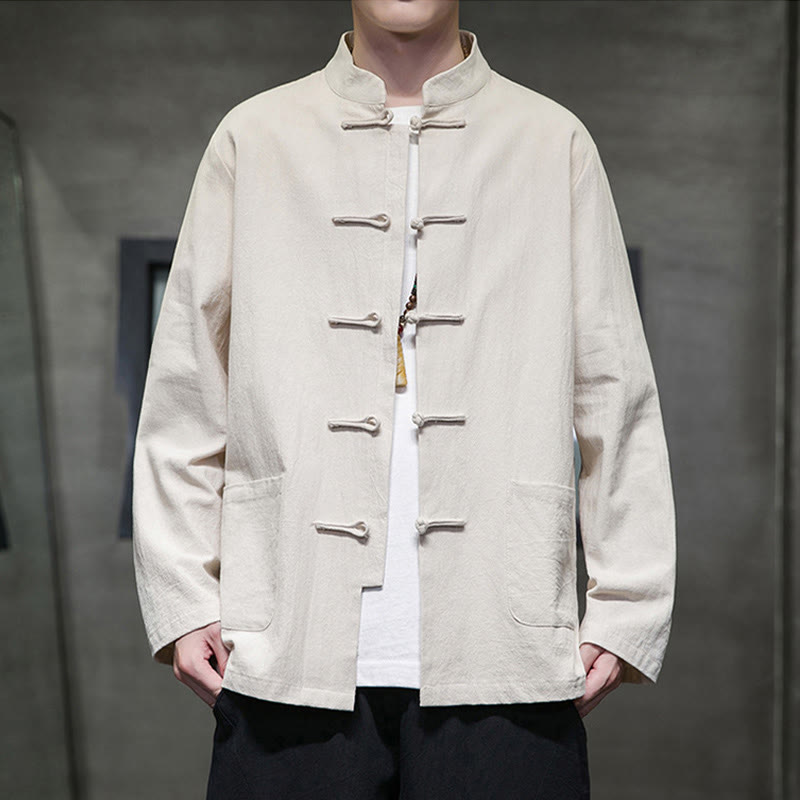 Traje Tang de algodón y lino con botones de rana de color liso y Buddha Stones para hombre, chaqueta y camisa con bolsillos - Beige - US/UK/AU46, EU56 (5XL) - image 11