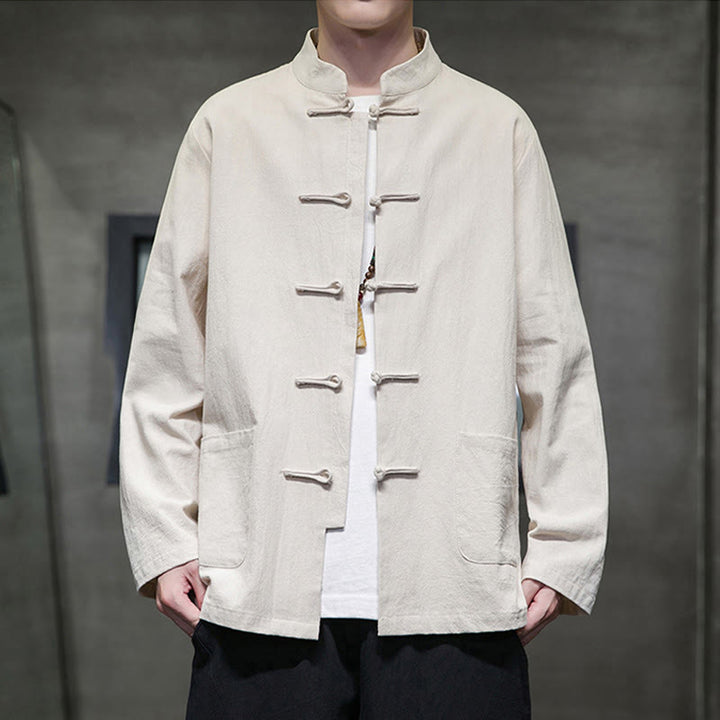 Traje Tang de algodón y lino con botones de rana de color liso y Buddha Stones para hombre, chaqueta y camisa con bolsillos - Beige - US/UK/AU46, EU56 (5XL) - image 11