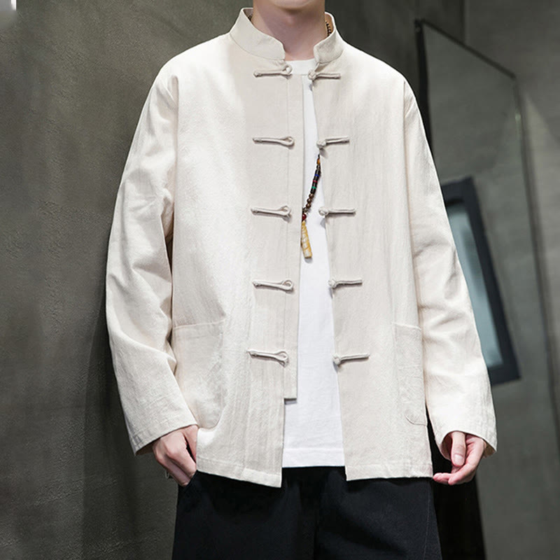 Traje Tang de algodón y lino con botones de rana de color liso y Buddha Stones para hombre, chaqueta y camisa con bolsillos - image 13