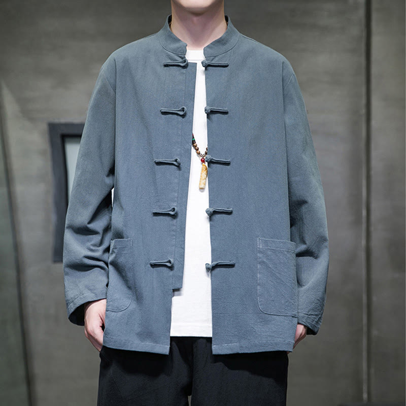 Traje Tang de algodón y lino con botones de rana de color liso y Buddha Stones para hombre, chaqueta y camisa con bolsillos - Azul acero - US/UK/AU46, EU56 (5XL) - image 0