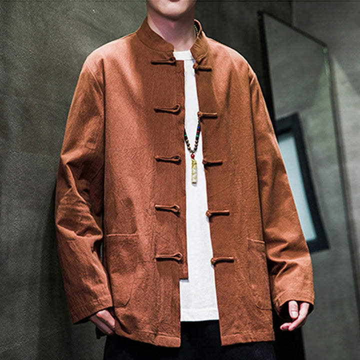 Traje Tang de algodón y lino con botones de rana de color liso y Buddha Stones para hombre, chaqueta y camisa con bolsillos - image 23