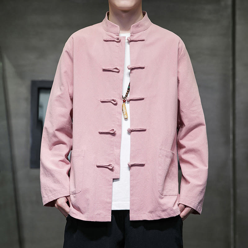 Traje Tang de algodón y lino con botones de rana de color liso y Buddha Stones para hombre, chaqueta y camisa con bolsillos - Rosa claro - US/UK/AU46, EU56 (5XL) - image 25