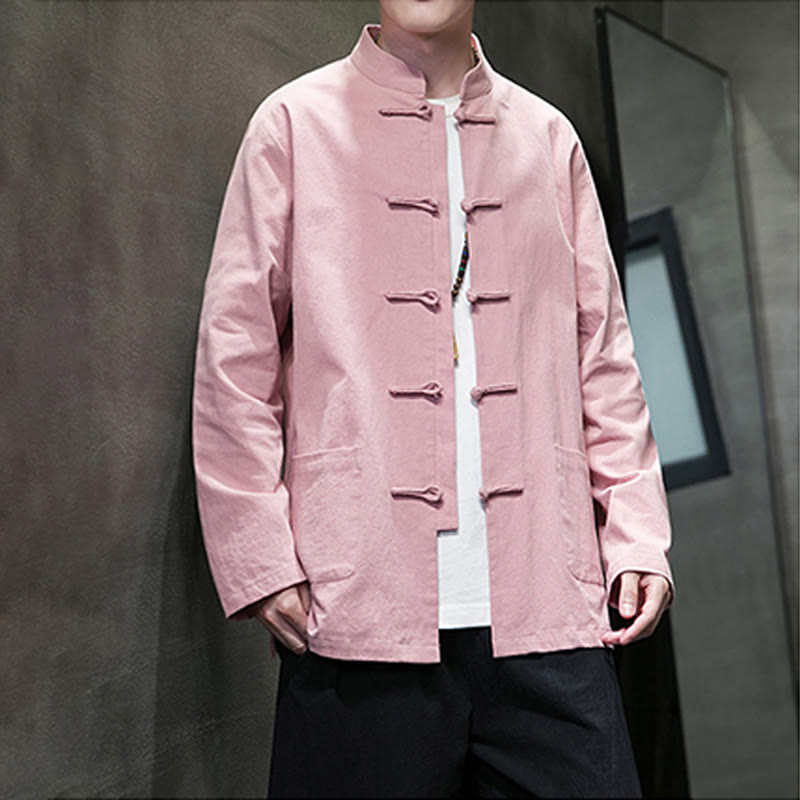 Traje Tang de algodón y lino con botones de rana de color liso y Buddha Stones para hombre, chaqueta y camisa con bolsillos - image 28