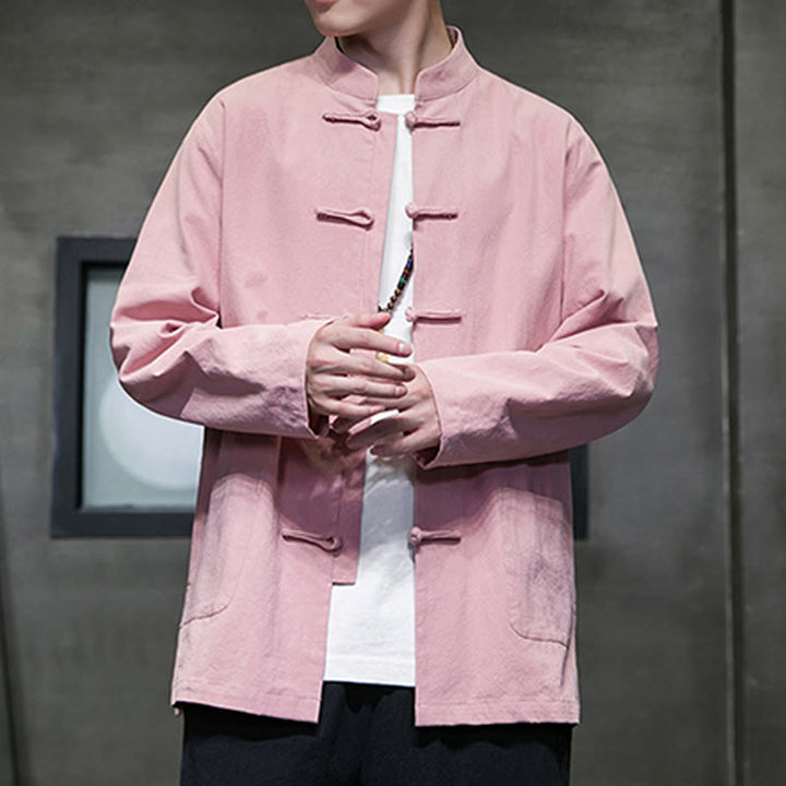 Traje Tang de algodón y lino con botones de rana de color liso y Buddha Stones para hombre, chaqueta y camisa con bolsillos - image 30