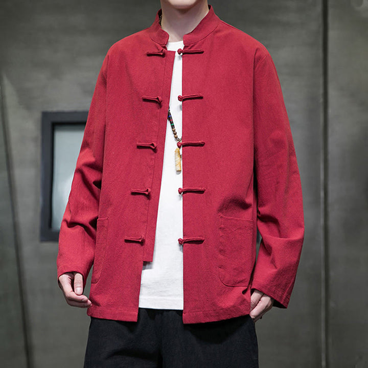 Traje Tang de algodón y lino con botones de rana de color liso y Buddha Stones para hombre, chaqueta y camisa con bolsillos - image 35