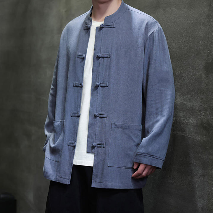 Chaqueta y camisa de lino con botones de rana y bolsillos para hombre, de color liso e informal, con Buddha Stones - image 2