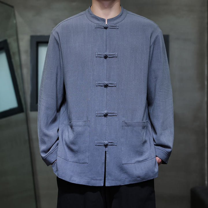 Chaqueta y camisa de lino con botones de rana y bolsillos para hombre, de color liso e informal, con Buddha Stones - Azul real - US/UK/AU46, EU56 (5XL) - image 0