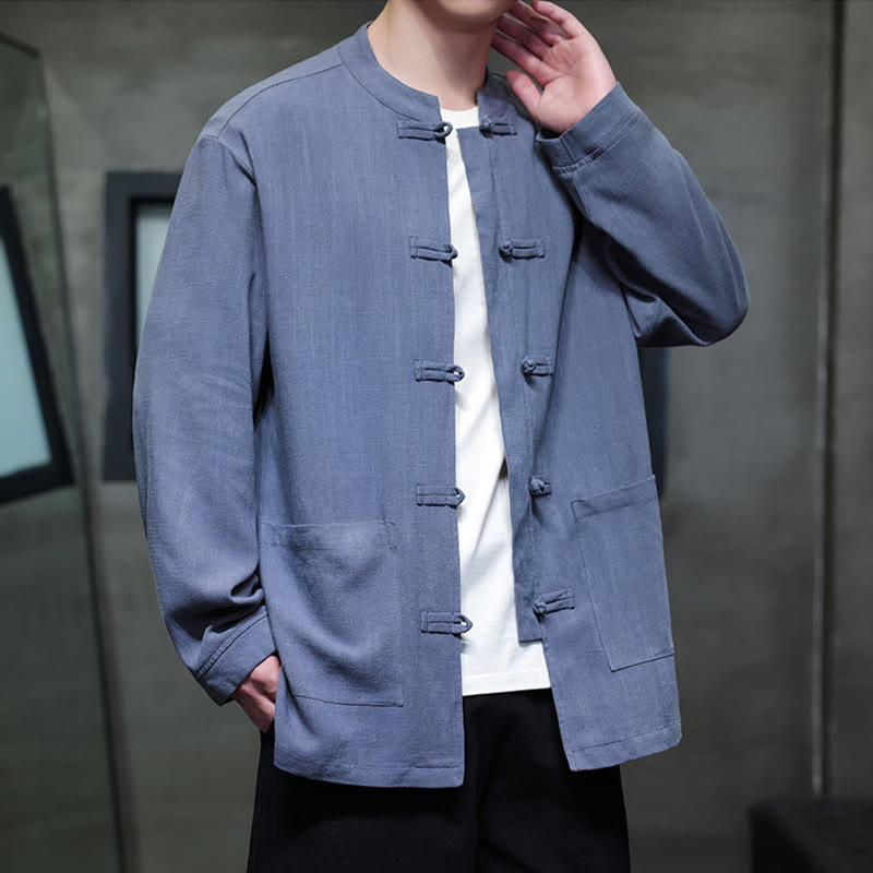 Chaqueta y camisa de lino con botones de rana y bolsillos para hombre, de color liso e informal, con Buddha Stones - image 3