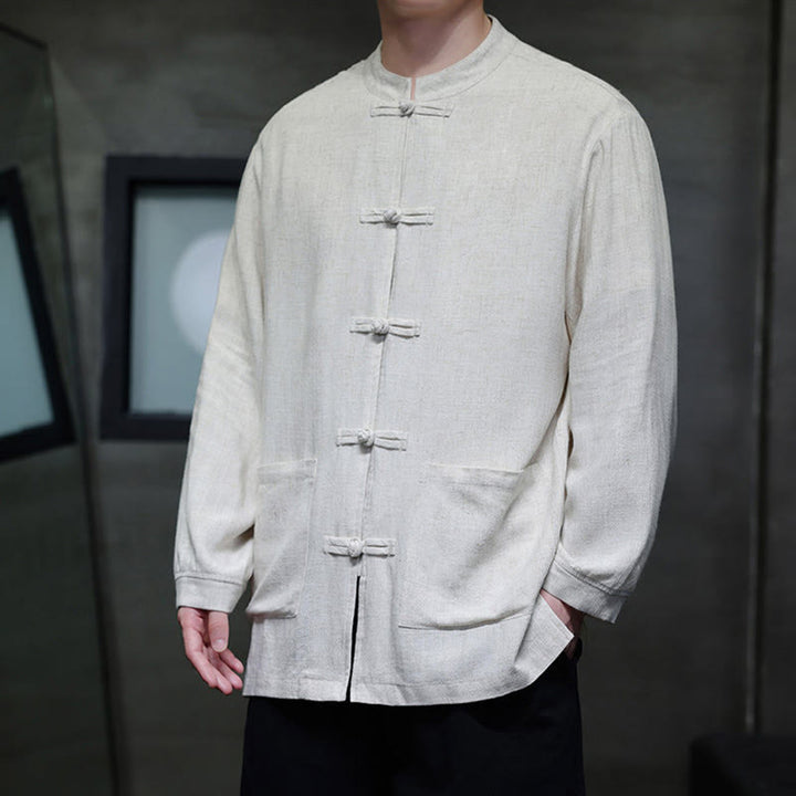 Chaqueta y camisa de lino con botones de rana y bolsillos para hombre, de color liso e informal, con Buddha Stones - image 16