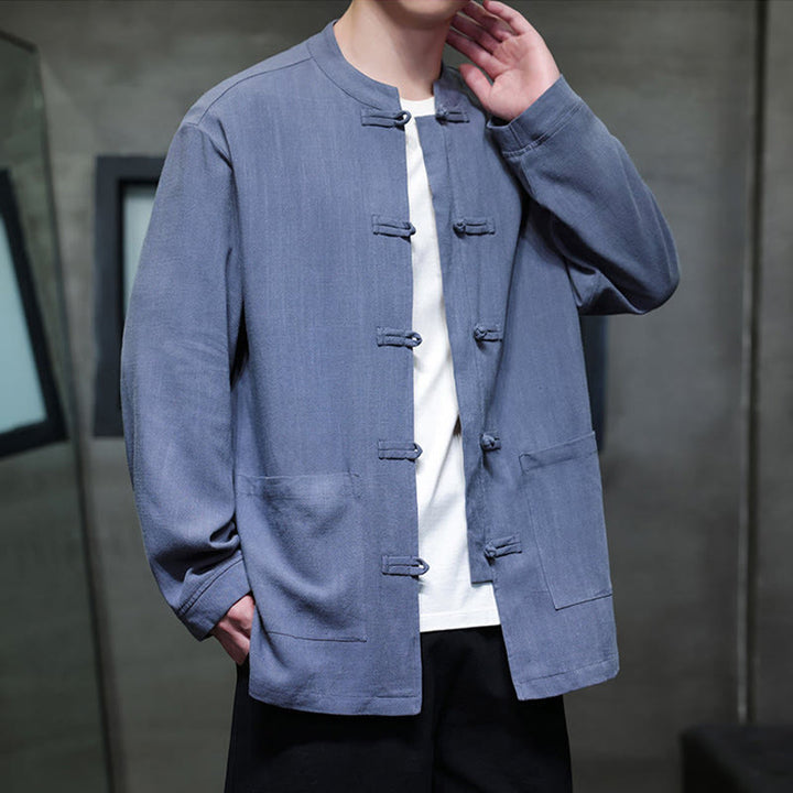 Chaqueta y camisa de lino con botones de rana y bolsillos para hombre, de color liso e informal, con Buddha Stones - image 3
