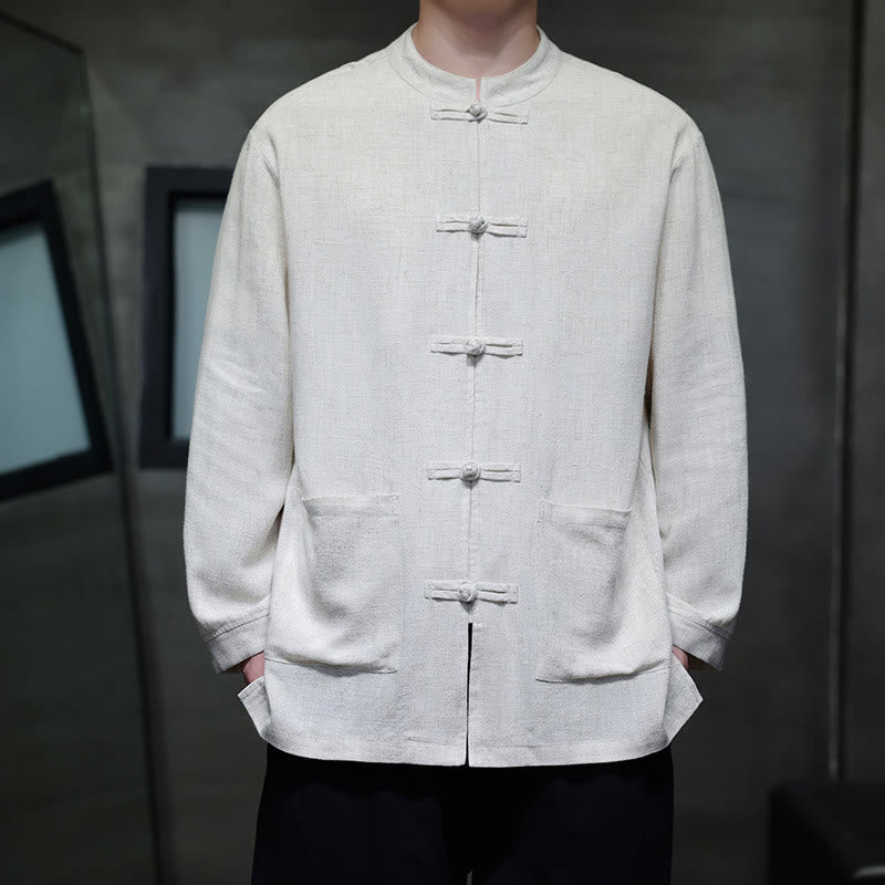 Chaqueta y camisa de lino con botones de rana y bolsillos para hombre, de color liso e informal, con Buddha Stones - Blanco - US/UK/AU46, EU56 (5XL) - image 14