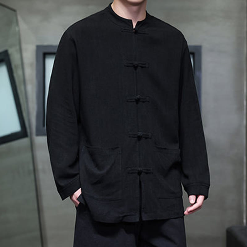 Chaqueta y camisa de lino con botones de rana y bolsillos para hombre, de color liso e informal, con Buddha Stones - image 9