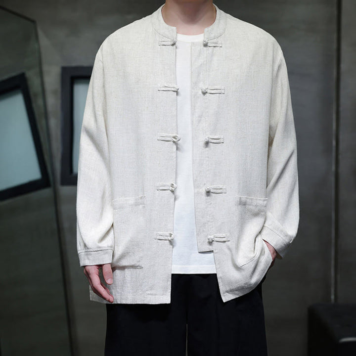 Chaqueta y camisa de lino con botones de rana y bolsillos para hombre, de color liso e informal, con Buddha Stones - image 15