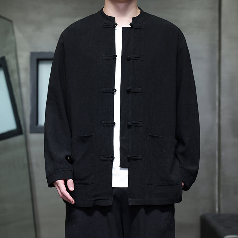 Chaqueta y camisa de lino con botones de rana y bolsillos para hombre, de color liso e informal, con Buddha Stones - image 10