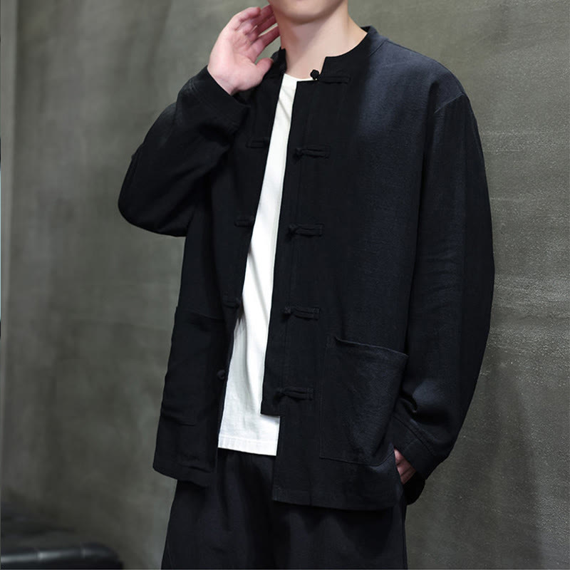 Chaqueta y camisa de lino con botones de rana y bolsillos para hombre, de color liso e informal, con Buddha Stones - image 13