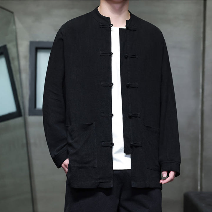 Chaqueta y camisa de lino con botones de rana y bolsillos para hombre, de color liso e informal, con Buddha Stones - image 11