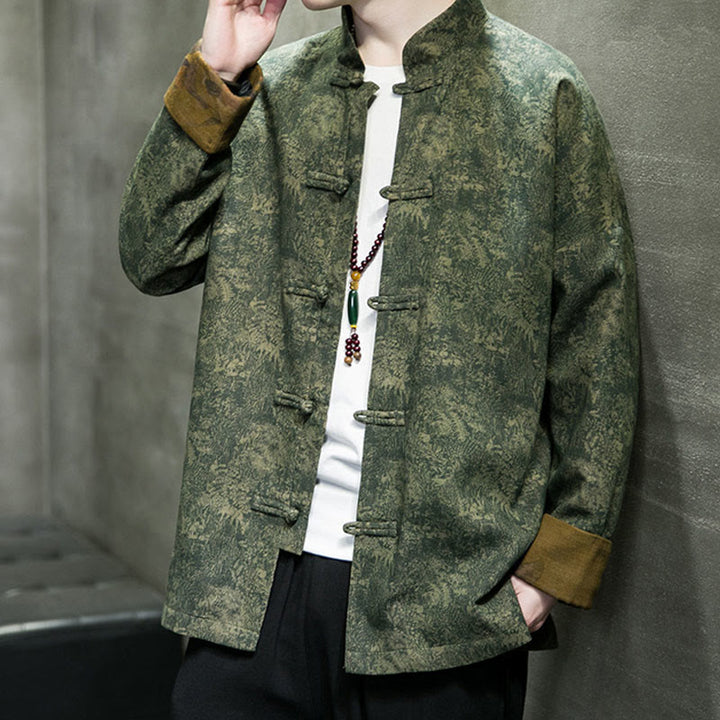 Chaqueta y camisa de algodón para hombre con botones de rana, hojas, flores y Buddha Stones