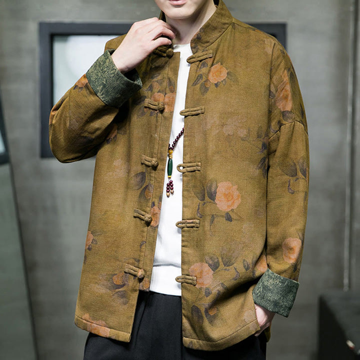 Chaqueta y camisa de algodón para hombre con botones de rana, hojas, flores y Buddha Stones
