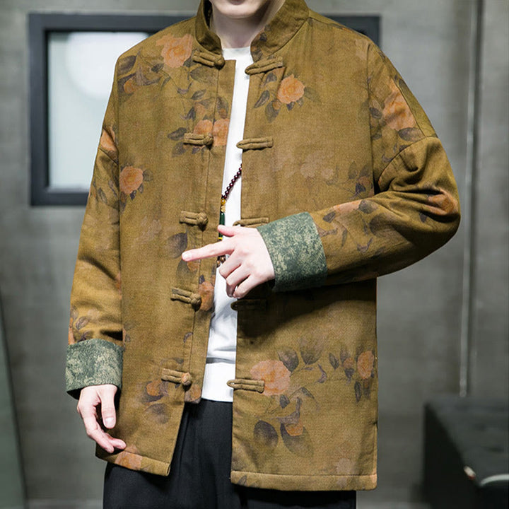 Chaqueta y camisa de algodón para hombre con botones de rana, hojas, flores y Buddha Stones