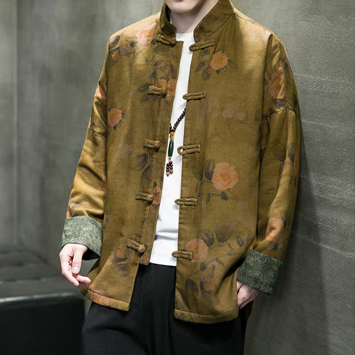 Chaqueta y camisa de algodón para hombre con botones de rana, hojas, flores y Buddha Stones
