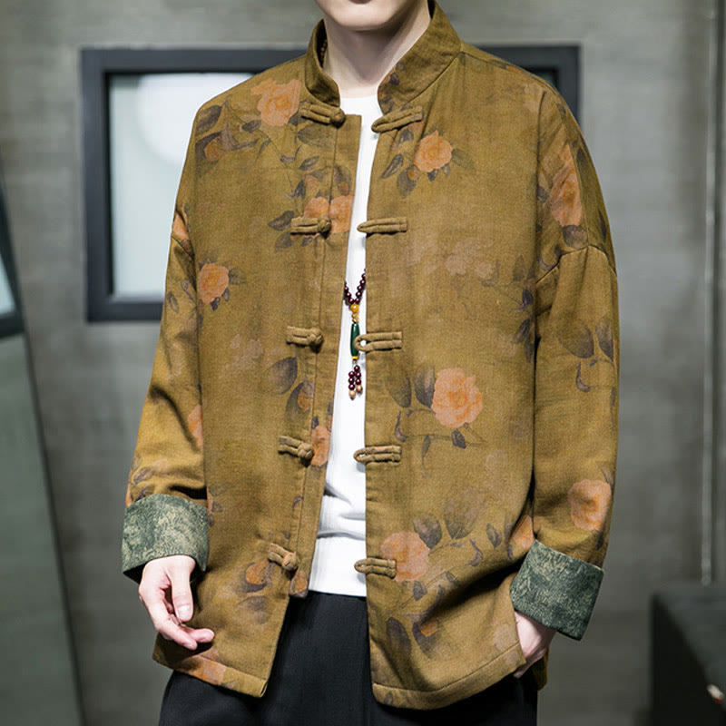 Chaqueta y camisa de algodón para hombre con botones de rana, hojas, flores y Buddha Stones