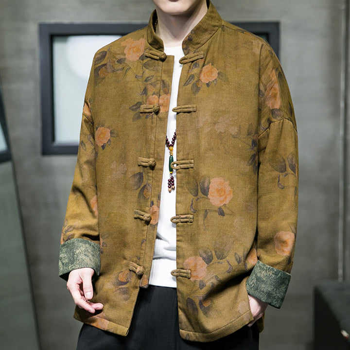 Chaqueta y camisa de algodón para hombre con botones de rana, hojas, flores y Buddha Stones