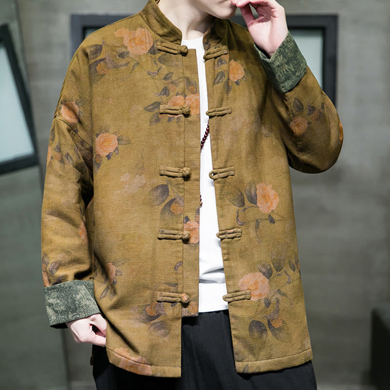 Chaqueta y camisa de algodón para hombre con botones de rana, hojas, flores y Buddha Stones