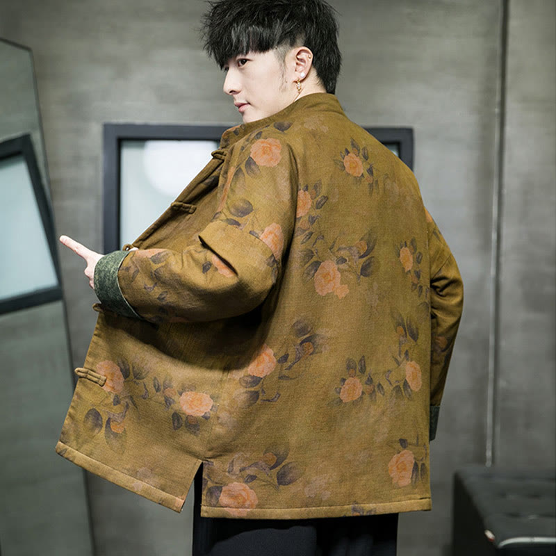 Chaqueta y camisa de algodón para hombre con botones de rana, hojas, flores y Buddha Stones