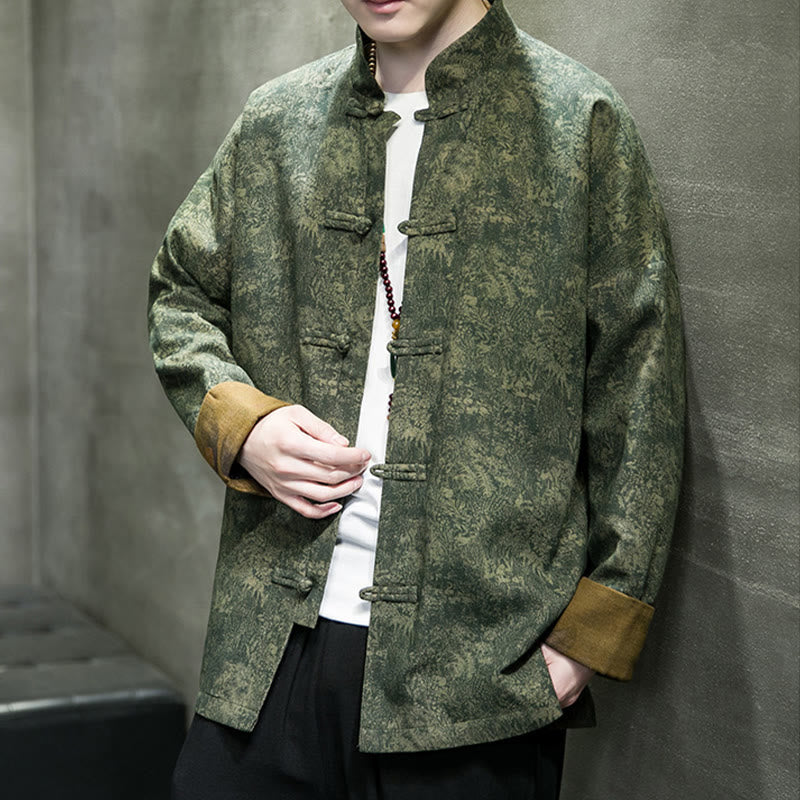 Chaqueta y camisa de algodón para hombre con botones de rana, hojas, flores y Buddha Stones