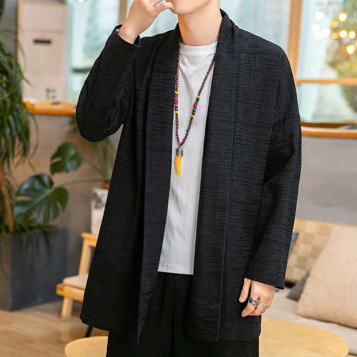 Abrigo de largo medio para hombre de mezcla de lino liso y holgado con Buddha Stones en otoño - Negro - US/UK/AU42, EU52 (3XL) - image 5