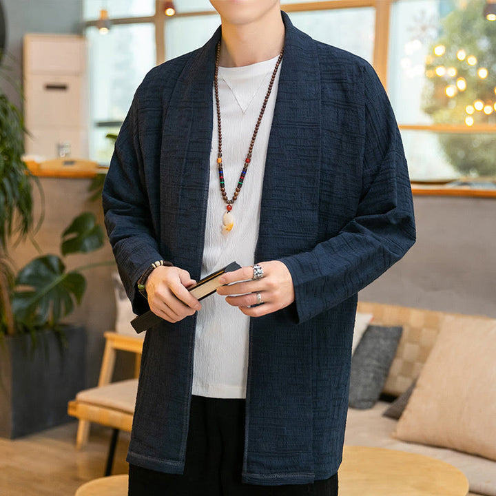 Abrigo de largo medio para hombre de mezcla de lino liso y holgado con Buddha Stones en otoño - Marina de guerra - US/UK/AU42, EU52 (3XL) - image 16