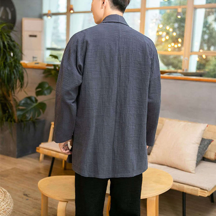Abrigo de largo medio para hombre de mezcla de lino liso y holgado con Buddha Stones en otoño - image 4