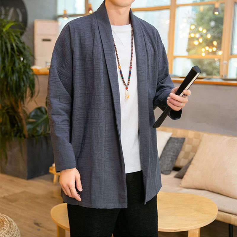 Abrigo de largo medio para hombre de mezcla de lino liso y holgado con Buddha Stones en otoño - image 1