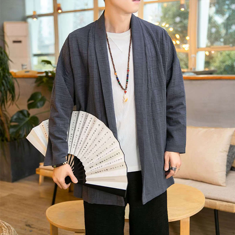 Abrigo de largo medio para hombre de mezcla de lino liso y holgado con Buddha Stones en otoño - image 2