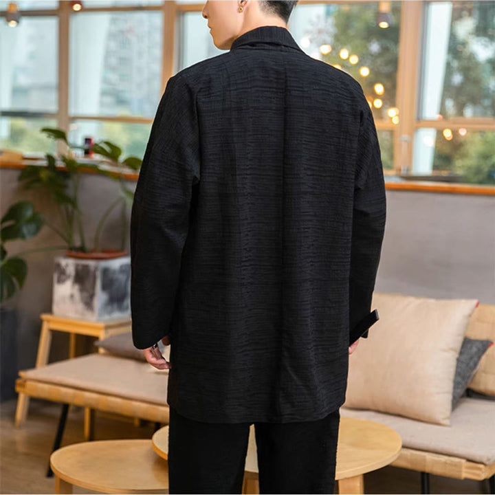 Abrigo de largo medio para hombre de mezcla de lino liso y holgado con Buddha Stones en otoño - image 10