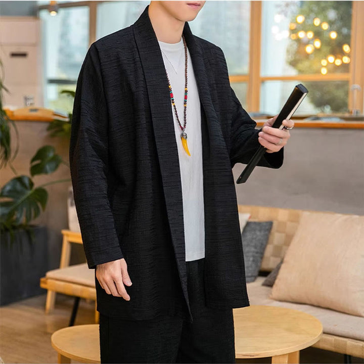 Abrigo de largo medio para hombre de mezcla de lino liso y holgado con Buddha Stones en otoño - image 6