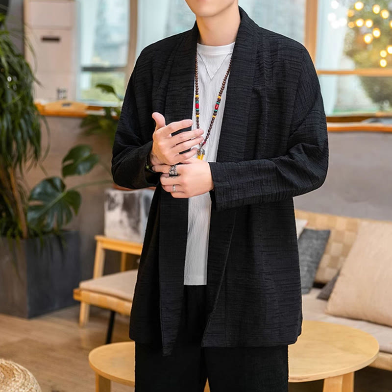 Abrigo de largo medio para hombre de mezcla de lino liso y holgado con Buddha Stones en otoño - image 9