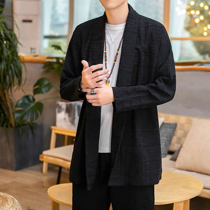 Abrigo de largo medio para hombre de mezcla de lino liso y holgado con Buddha Stones en otoño - image 9